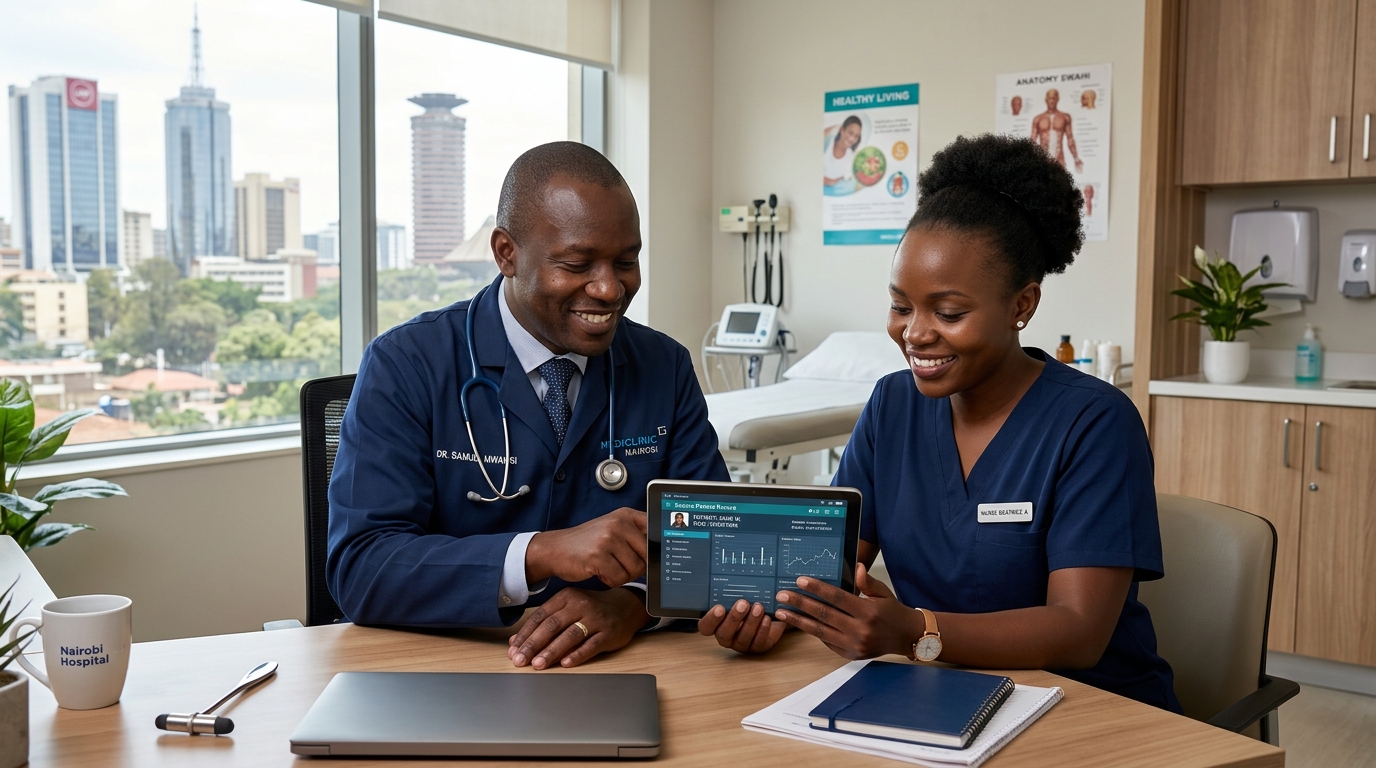 Kenyan doctor and nurse reviewing patient electronic health records on a tablet in a clinic consultation room