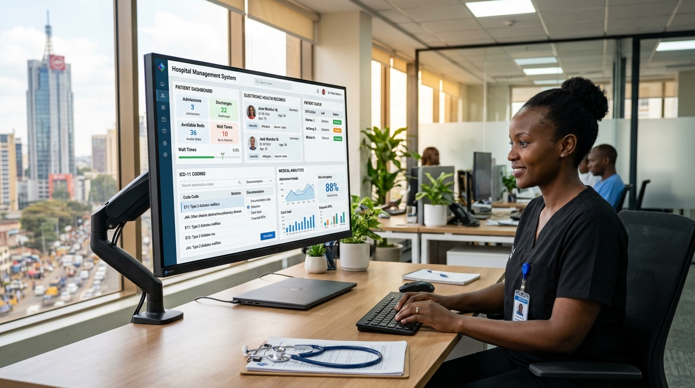 Modern Hospital Management System workstation in a Kenyan medical facility overlooking Nairobi